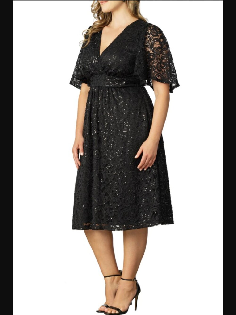 Kiyonna Plus Starry Sequin Lace Fit & Flare Cocktail Dress Shade Onyx 1X $188.00